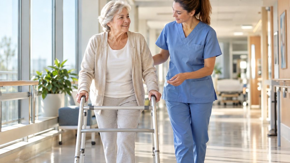 Artroplastia de quadril: paciente caminhando com andador e fisioterapeuta durante a recuperação