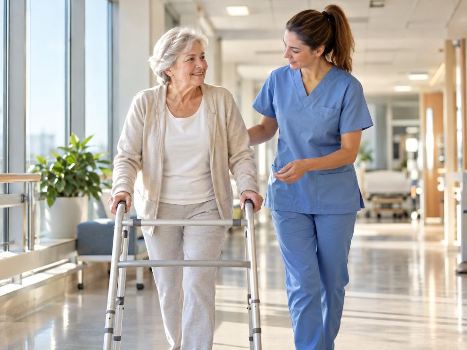 Artroplastia de quadril: paciente caminhando com andador e fisioterapeuta durante a recuperação