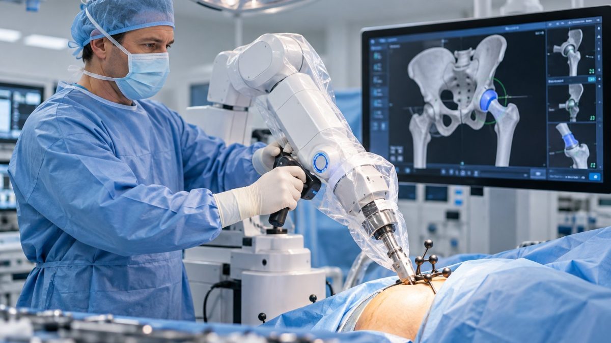Cirurgia robótica do quadril: cirurgião guiando o braço robótico MAKO na sala cirúrgica