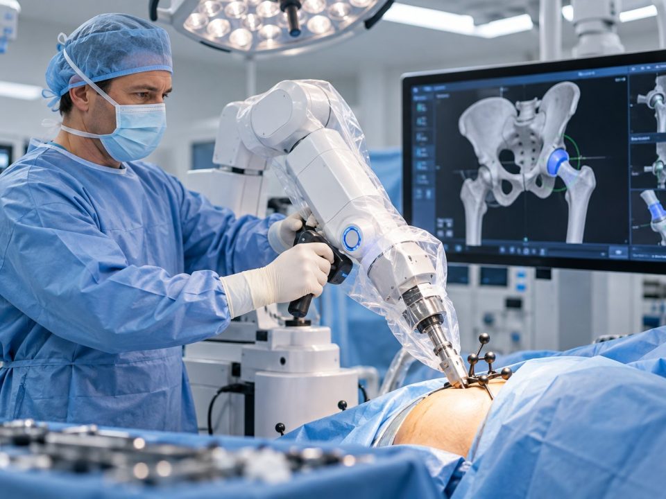 Cirurgia robótica do quadril: cirurgião guiando o braço robótico MAKO na sala cirúrgica