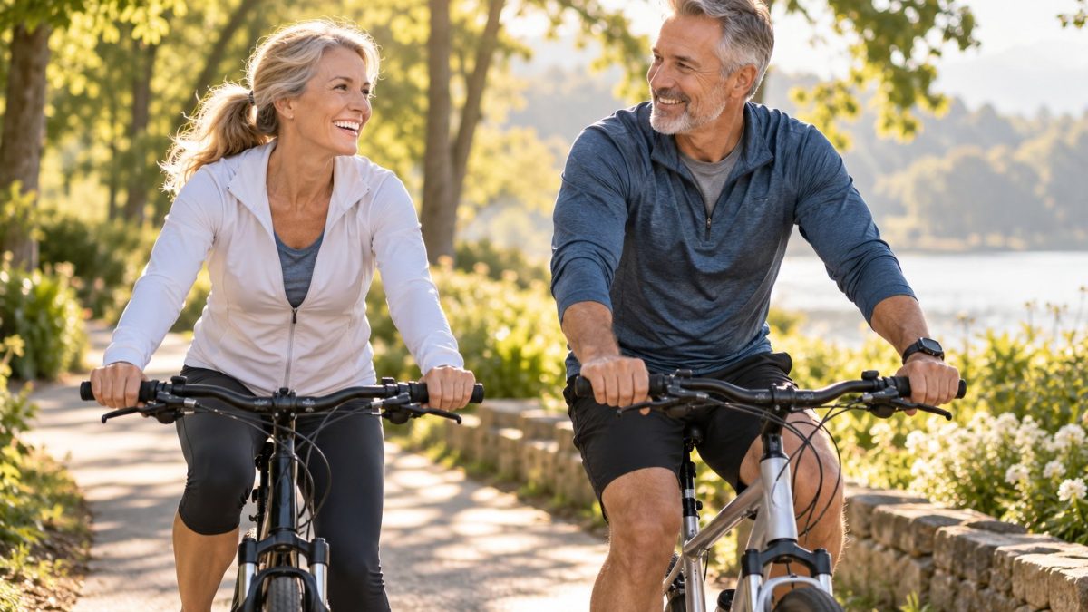 Quadril depois dos 50: casal pedalando no parque, hábito que protege a articulação