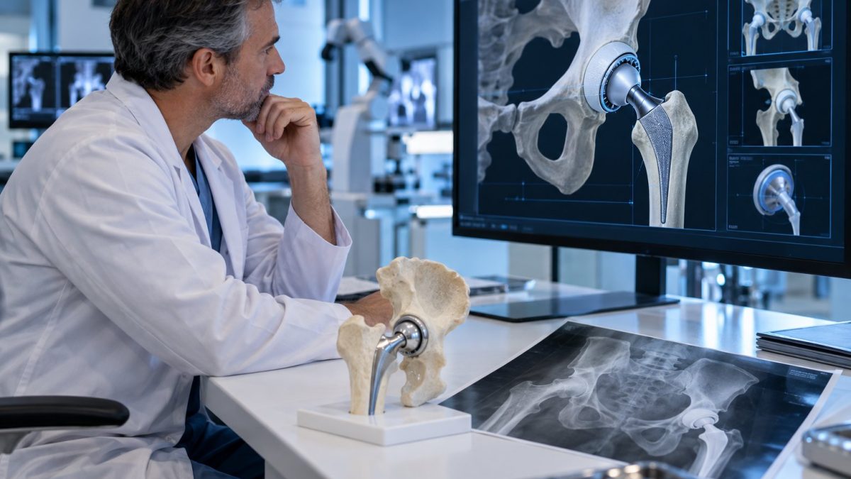 Robótica na cirurgia do quadril: cirurgião analisando planejamento 3D da prótese de quadril